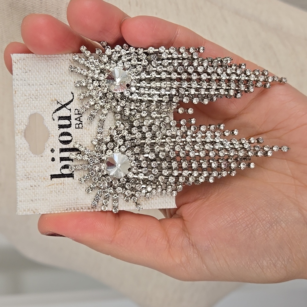 Bijoux Bar Art Deco Cascading Statement Earrings in Silver, NWT